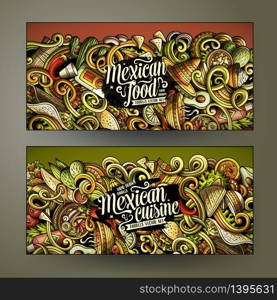 Cartoon cute colorful vector hand drawn doodles Mexican food corporate identity. 2 horizontal banners design. Templates set. All objects separate. Cartoon vector doodles Mexican food horizontal banners