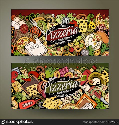 Cartoon cute colorful vector hand drawn doodles Pizzeria corporate identity. 2 horizontal banners design. Templates set. All objects separate. Cartoon cute colorful vector hand drawn doodles Pizzeria banners
