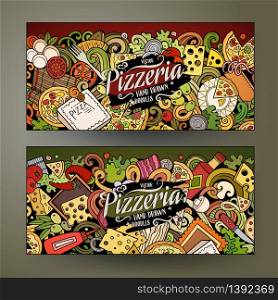Cartoon cute colorful vector hand drawn doodles Pizzeria corporate identity. 2 horizontal banners design. Templates set. All objects separate. Cartoon cute colorful vector hand drawn doodles Pizzeria banners