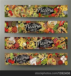 Cartoon cute colorful vector hand drawn doodles Pizzeria corporate identity. 4 horizontal banners design. Templates set. All objects separate. Cartoon cute colorful vector hand drawn doodles Pizzeria banners