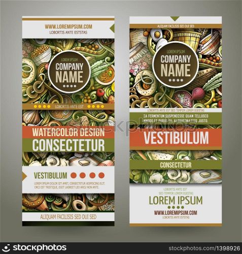 Cartoon cute colorful vector hand drawn doodles Russian food corporate identity. 2 vertical banners design. Templates set. Cartoon vector doodles Russian food 2 horizontal banners