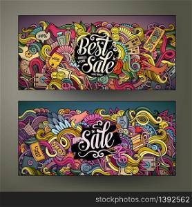 Cartoon cute colorful vector hand drawn doodles Sale corporate identity. 2 horizontal banners design. Templates set. Cartoon vector hand drawn doodles Sale banners