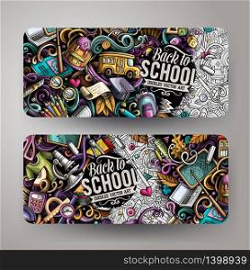 Cartoon cute colorful vector hand drawn doodles School corporate identity. 2 horizontal banners design. Templates set. All objects separate. Cartoon cute colorful vector hand drawn doodles School banners