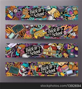 Cartoon cute colorful vector hand drawn doodles School corporate identity. 4 horizontal banners design. Templates set. All objects separate. Cartoon cute colorful vector hand drawn doodles School banners