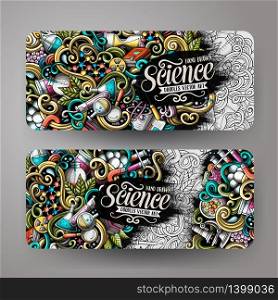 Cartoon cute colorful vector hand drawn doodles Science corporate identity. 2 horizontal banners design. Templates set. Cartoon colorful vector doodles Science vertical banners