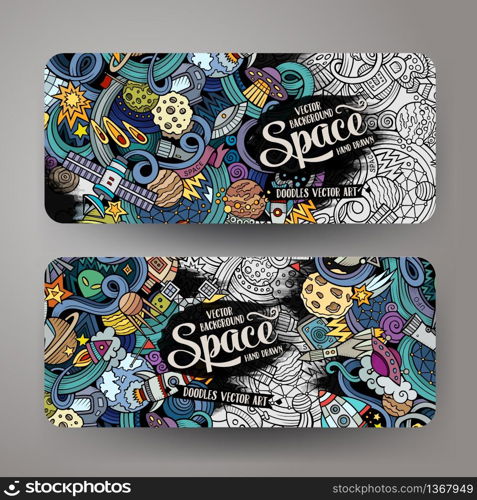 Cartoon cute colorful vector hand drawn doodles space corporate identity. 2 horizontal banners design. Templates set. Cartoon cute doodles hand drawn space banners