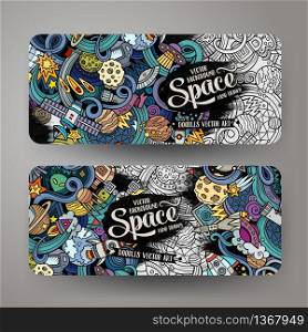 Cartoon cute colorful vector hand drawn doodles space corporate identity. 2 horizontal banners design. Templates set. Cartoon cute doodles hand drawn space banners