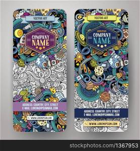 Cartoon cute colorful vector hand drawn doodles space corporate identity. 2 vertical banners design. Templates set. Cartoon cute doodles hand drawn space banners