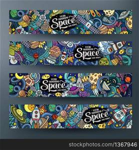 Cartoon cute colorful vector hand drawn doodles space corporate identity. 4 horizontal banners design. Templates set. Cartoon cute doodles hand drawn space banners