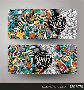 Cartoon cute colorful vector hand drawn doodles Sport corporate identity. 2 horizontal banners design. Templates set. Cartoon vector hand drawn doodles Sport banners