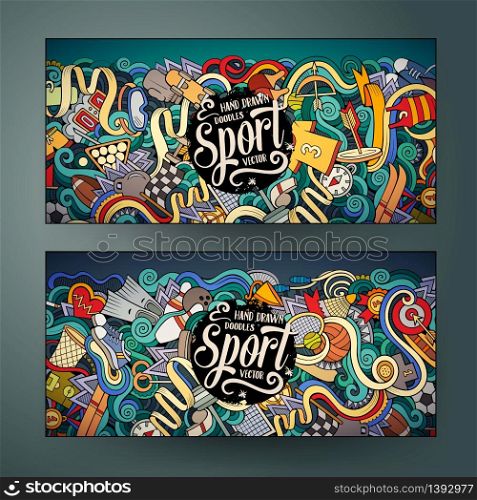 Cartoon cute colorful vector hand drawn doodles Sport corporate identity. 2 horizontal banners design. Templates set. Cartoon vector hand drawn doodles Sport banners