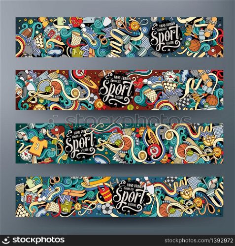 Cartoon cute colorful vector hand drawn doodles Sport corporate identity. 4 horizontal banners design. Templates set. Cartoon vector hand drawn doodles Sport banners