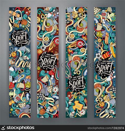 Cartoon cute colorful vector hand drawn doodles Sport corporate identity. 4 vertical banners design. Templates set. Cartoon vector hand drawn doodles Sport banners