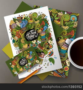 Cartoon cute colorful vector hand drawn doodles Tea corporate identity set. Templates design of business card, flyers, posters, papers on the table. Cartoon doodles Tea corporate identity set