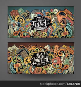 Cartoon cute colorful vector hand drawn doodles travel corporate identity. 2 horizontal journey banners design. Templates set. Cartoon cute doodles travel banners