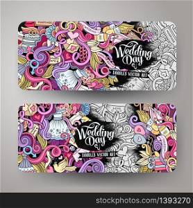 Cartoon cute colorful vector hand drawn doodles wedding corporate identity. 2 horizontal banners design. Templates set. Cartoon cute vector doodles wedding banners