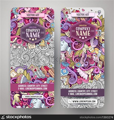 Cartoon cute colorful vector hand drawn doodles wedding corporate identity. 2 vertical banners design. Templates set. Cartoon cute vector doodles wedding banners