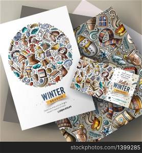Cartoon cute colorful vector hand drawn doodles Winter corporate identity set. Templates design of id card, pattern, poster, papers on the table. Cartoon vector doodles Winter corporate identity set