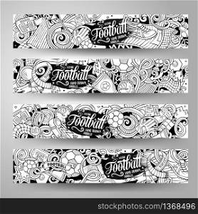 Cartoon cute contour vector hand drawn doodles Football corporate identity. 4 horizontal banners design. Templates set. All objects separate. Cartoon vector doodles Football horizontal banners