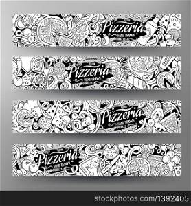 Cartoon cute contour vector hand drawn doodles Pizzeria corporate identity. 4 horizontal banners design. Templates set. All objects separate. Cartoon cute contour vector hand drawn doodles Pizzeria banners