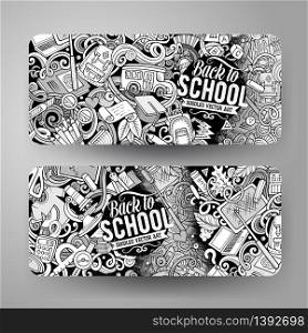Cartoon cute contour vector hand drawn doodles School corporate identity. 2 horizontal banners design. Templates set. All objects separate. Cartoon cute contour vector hand drawn doodles School banners