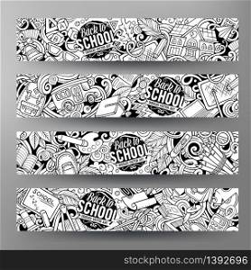 Cartoon cute contour vector hand drawn doodles School corporate identity. 4 horizontal banners design. Templates set. All objects separate. Cartoon cute contour vector hand drawn doodles School banners