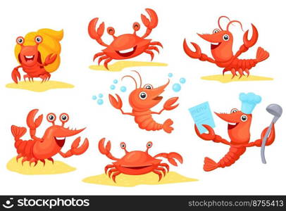 Cartoon cute crustaceans. Prawns shrimp crab prawn lobster crawfish crayfish shellfish mascot, seafood characters, funny ocean and sea animals, icons vector illustration. Prawn and shrimp crustacean. Cartoon cute crustaceans. Prawns shrimp crab prawn lobster crawfish crayfish shellfish mascot, seafood fun characters, funny ocean and sea animals, icons neat vector illustration