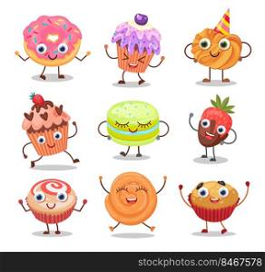 Cartoon cute dessert characters set. Vector illustrations of different sweet food with kawaii face. Funny donut shortbread cookies muffin cupcake with cream isolated on white. Bakery, pastry concept. Cartoon cute dessert characters set