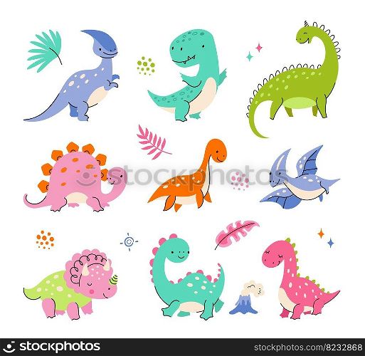 Cartoon cute dino characters. Little dinosaurs, color isolated dinosaur baby friend. Fashion babies wild animal, funny prehistoric nowaday vector animals. Illustration of character dino. Cartoon cute dino characters. Little dinosaurs, color isolated dinosaur baby friend. Fashion babies wild animal, funny prehistoric nowaday vector animals