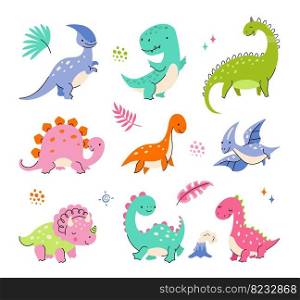 Cartoon cute dino characters. Little dinosaurs, color isolated dinosaur baby friend. Fashion babies wild animal, funny prehistoric nowaday vector animals. Illustration of character dino. Cartoon cute dino characters. Little dinosaurs, color isolated dinosaur baby friend. Fashion babies wild animal, funny prehistoric nowaday vector animals