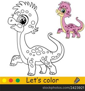 Cartoon cute dinosaur diplodocus. Coloring book page with colorful template for kids. Vector isolated illustration. For coloring book, print, game, party, design. Cartoon cute dinosaur diplodocus coloring vector illustration