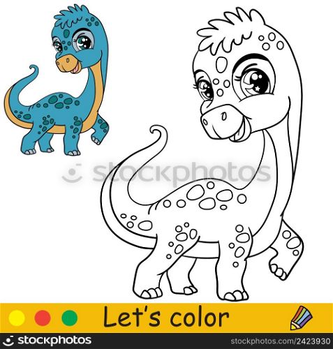 Cartoon cute dinosaur diplodocus. Coloring book page with colorful template for kids. Vector isolated illustration. For coloring book, print, game, party, design. Cartoon cute dinosaur diplodocus coloring book page vector