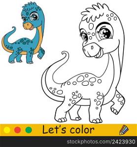 Cartoon cute dinosaur diplodocus. Coloring book page with colorful template for kids. Vector isolated illustration. For coloring book, print, game, party, design. Cartoon cute dinosaur diplodocus coloring book page vector