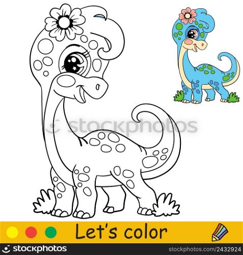 Cartoon cute dinosaur diplodocus girl with flower. Coloring book page with colorful template for kids. Vector isolated illustration. For coloring book, print, game, party, design. Cartoon cute dinosaur diplodocus girl coloring vector