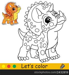 Cartoon cute dinosaur triceratops. Coloring book page with colorful template for kids. Vector isolated illustration. For coloring book, print, game, party, design. Cartoon cute dinosaur triceratops coloring book page vector