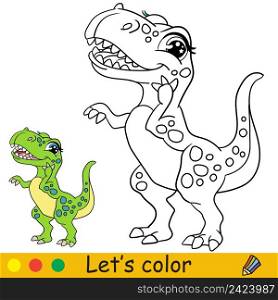 Cartoon cute dinosaur tyrannosaurus. Coloring book page with colorful template for kids. Vector isolated illustration. For coloring book, print, game, party, design. Cartoon cute dinosaur tyrannosaurus coloring book page vector
