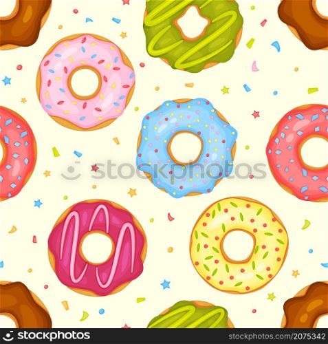 Cartoon cute donuts seamless pattern, glazed donut with sprinkles. Delicious doughnuts, sweet pastry dessert bakery vector background. Tasty sugary food assortment for wallpaper or fabric. Cartoon cute donuts seamless pattern, glazed donut with sprinkles. Delicious doughnuts, sweet pastry dessert bakery vector background