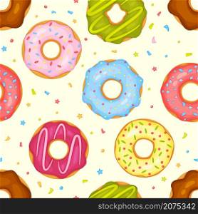 Cartoon cute donuts seamless pattern, glazed donut with sprinkles. Delicious doughnuts, sweet pastry dessert bakery vector background. Tasty sugary food assortment for wallpaper or fabric. Cartoon cute donuts seamless pattern, glazed donut with sprinkles. Delicious doughnuts, sweet pastry dessert bakery vector background