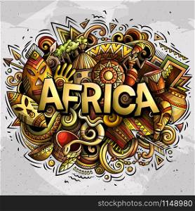 Cartoon cute doodles Africa word. Colorful illustration. Background with lots of separate objects. Funny vector artwork. Cartoon cute doodles Africa word