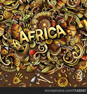 Cartoon cute doodles Africa word. Colorful illustration. Background with lots of separate objects. Funny vector artwork. Cartoon cute doodles Africa word