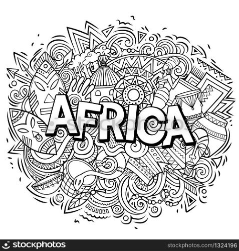 Cartoon cute doodles Africa word. sketchy illustration. Background with lots of separate objects. Funny vector artwork. Cartoon cute doodles Africa word. Funny vector artwork