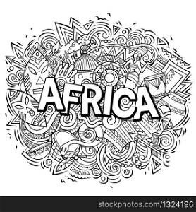 Cartoon cute doodles Africa word. sketchy illustration. Background with lots of separate objects. Funny vector artwork. Cartoon cute doodles Africa word. Funny vector artwork