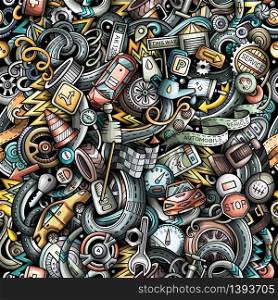 Cartoon cute doodles Automotive seamless pattern. Colorful detailed, with lots of objects background. All objects separate. Backdrop with car parts symbols and items. Cartoon cute doodles Automotive seamless pattern