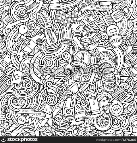 Cartoon cute doodles Automotive seamless pattern. Line art detailed, with lots of objects background. All objects separate. Backdrop with car parts symbols and items. Cartoon cute doodles Automotive seamless pattern