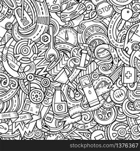 Cartoon cute doodles Automotive seamless pattern. Line art detailed, with lots of objects background. All objects separate. Backdrop with car parts symbols and items. Cartoon cute doodles Automotive seamless pattern