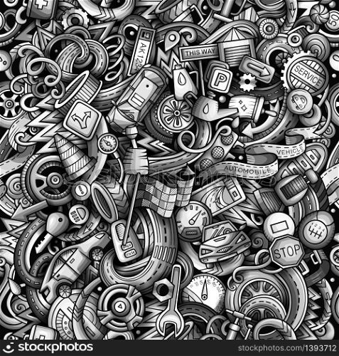 Cartoon cute doodles Automotive seamless pattern. Monochrome detailed, with lots of objects background. All objects separate. Backdrop with car parts symbols and items. Cartoon cute doodles Automotive seamless pattern