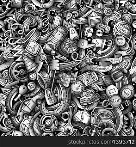 Cartoon cute doodles Automotive seamless pattern. Monochrome detailed, with lots of objects background. All objects separate. Backdrop with car parts symbols and items. Cartoon cute doodles Automotive seamless pattern