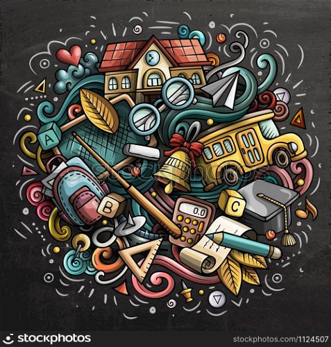 Cartoon cute doodles Back to School colorful chalkboard illustration. Background with lots of separate objects. Funny vector artwork. Cartoon cute doodles Back to School Colorful illustration