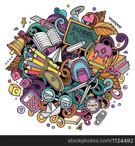 Cartoon cute doodles Back to School Colorful illustration. Background with lots of separate objects. Funny vector artwork. Cartoon cute doodles Back to School Colorful illustration