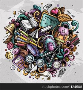 Cartoon cute doodles Back to School Colorful illustration. Background with lots of separate objects. Funny vector artwork. Cartoon cute doodles Back to School Colorful illustration